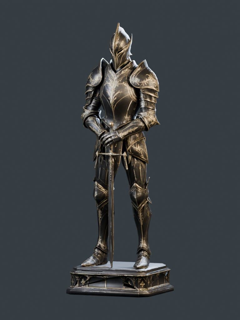 A blackened steel ceremonial suit of armour with gold ornament on a plinth