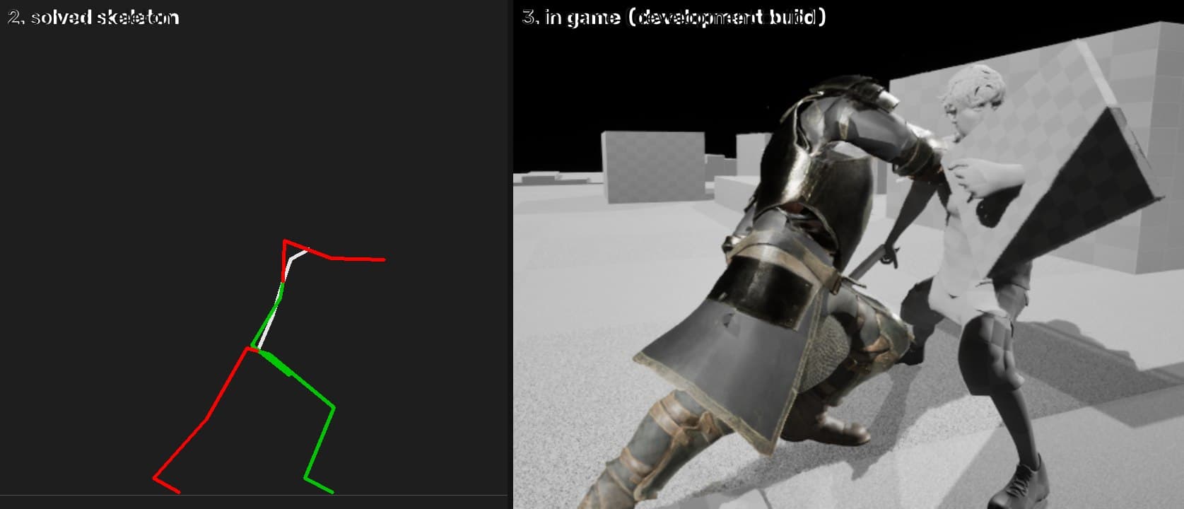 A solved stick-figure skeleton beside the armoured game character performing the same dagger strike