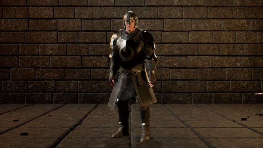 An armoured development character standing on a timber floor in front of a stone wall