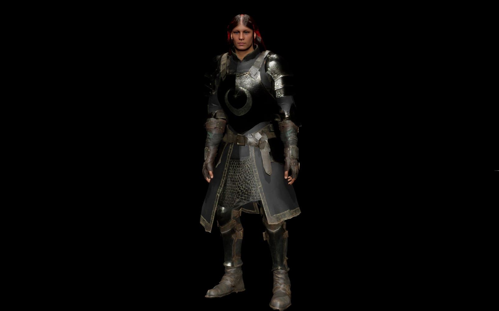 A full-length Highlander character in weathered armour against a black background