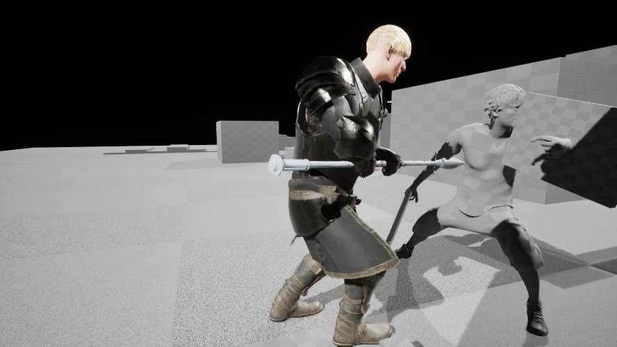 An armoured character holding a spear facing a sparring target in a grey development arena