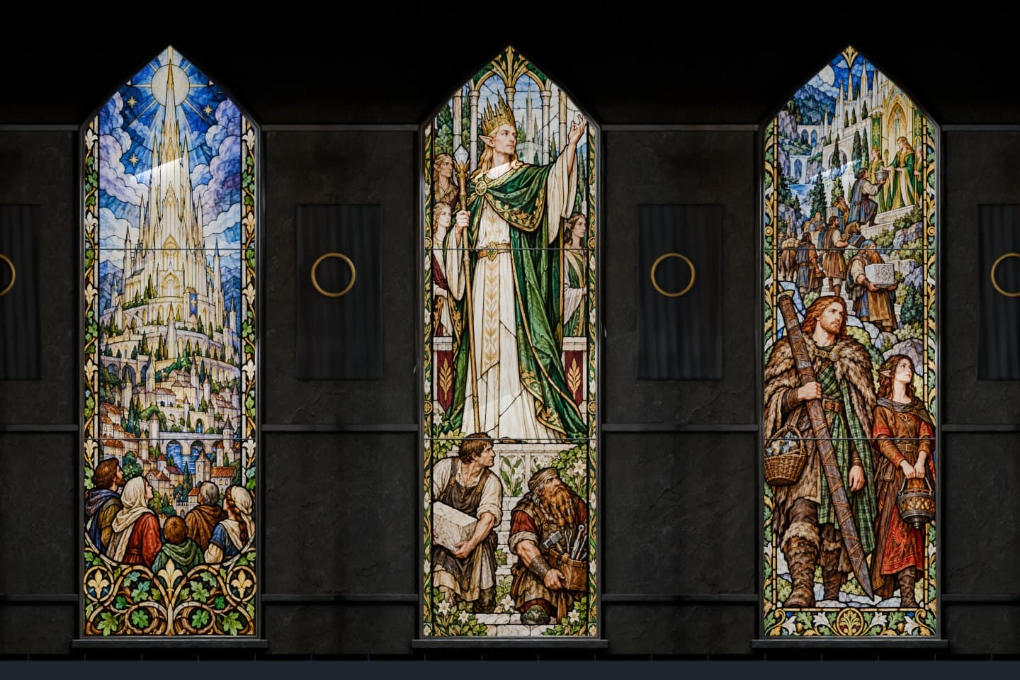 Three illustrated stained-glass windows glowing in a dark stone hall