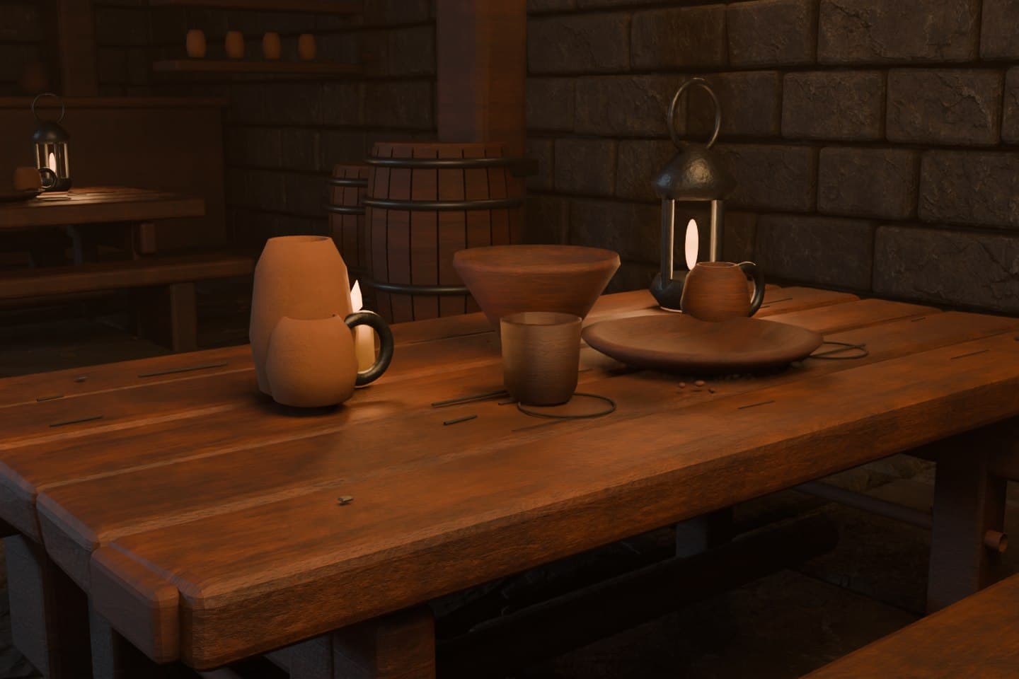 A lantern-lit wooden tavern table with rough cups, a bowl and a platter