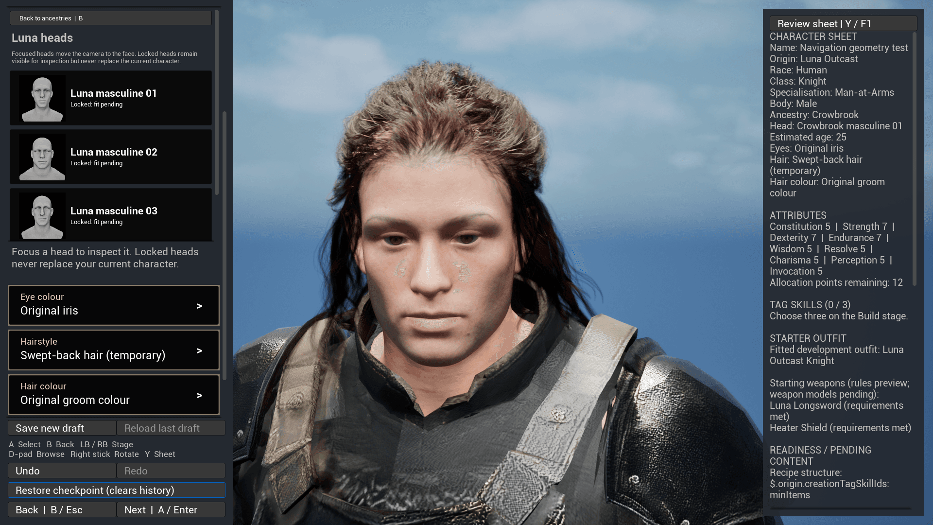 Work-in-progress creator interface with character and customisation controls